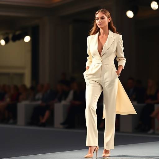 Une mannequin portant un tailleur pantalon élégant de couleur crème lors d'un défilé à Paris.